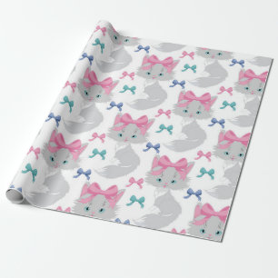 Fluffe kerstkat met roze boog cadeaupapier
