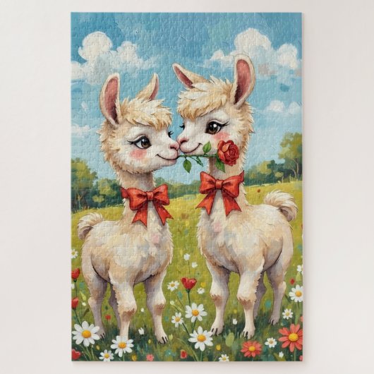 Fluffy Alpaca Couple With Red Bows Art Legpuzzel (Verticaal)
