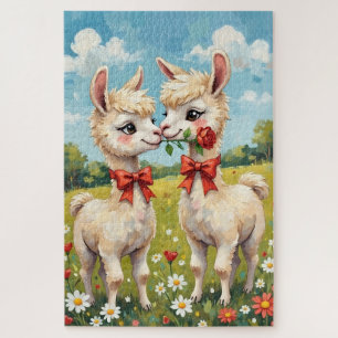 Fluffy Alpaca Paar Met Rode Strikken Kunst Legpuzzel