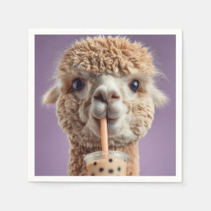 Fluffy Alpaca Portret Drinkt Boba Bubble Tea Servet