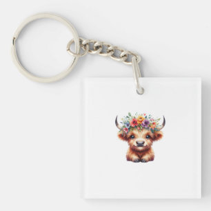 Fluffy Baby Highland Koe met Bloemenkroon – Schatt Sleutelhanger