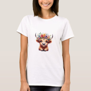 Fluffy Baby Highland Koe met Bloemenkroon – Schatt T-shirt