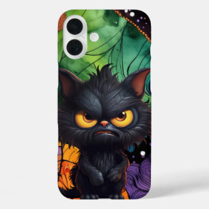 FLUFFY BLACK ANGRY HALLOWEEN CAT iPhone 16 PLUS HOESJE
