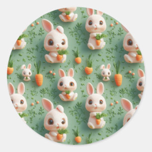Fluffy Bunnies en Wortelen 3D Naadloos Patroon Ronde Sticker