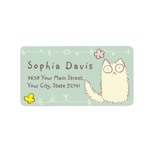 Fluffy Cat and Yellow Butterfly Aangepaste tekst Etiket (Voorkant)