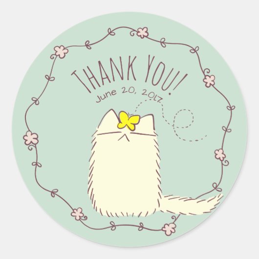 Fluffy Cat and Yellow Butterfly Aangepaste tekst Ronde Sticker (Voorkant)