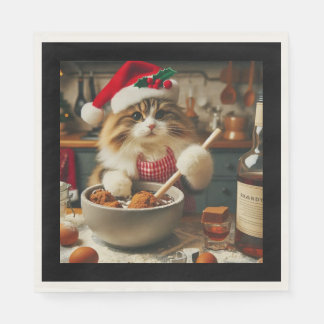 Fluffy cat baking boozy christmas pudding servet
