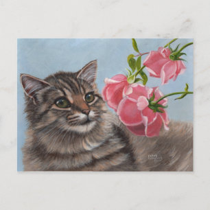 Fluffy Cat en 3 roze Rozen Briefkaart