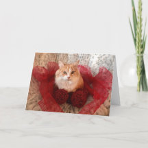 Fluffy Cat en Red Ribbon Vakantie Groeten Kaart