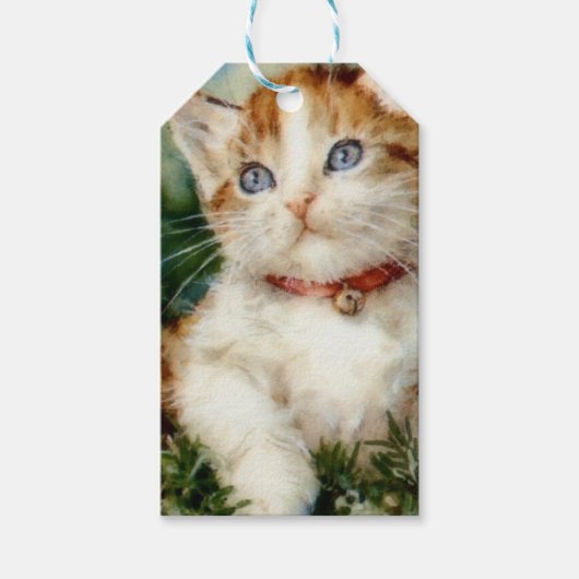 Fluffy christmas cat Watercolor Cadeaulabel (Voorkant)