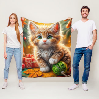 Fluffy Christmas Kitten Sierkussen Fleece Deken