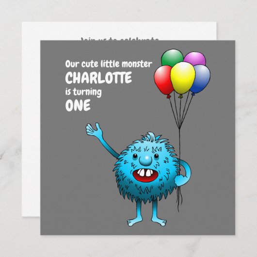 Fluffy Cute Monster Birthday Invitation Kaart (Voorkant / Achterkant)