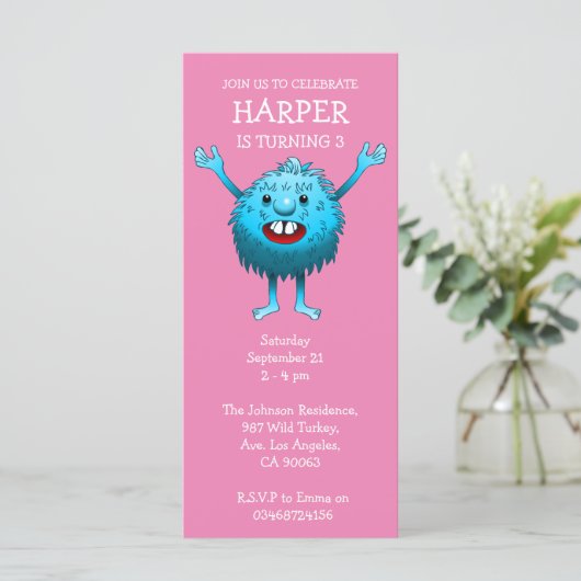 Fluffy Cute Monster Invitation Anniversaire (Debout devant)