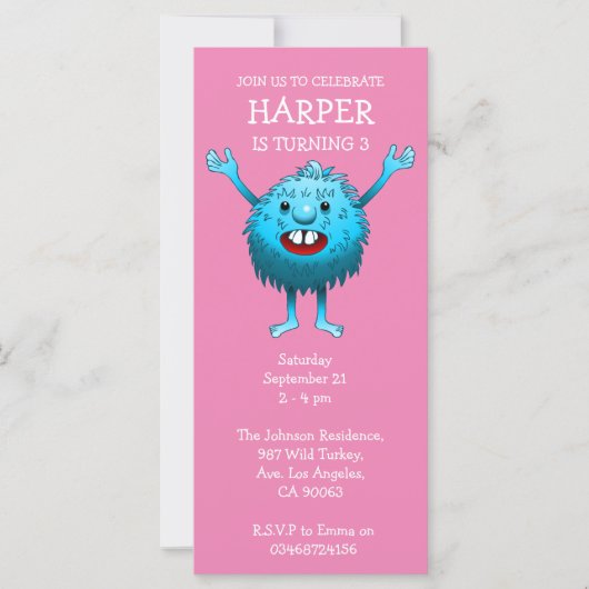 Fluffy Cute Monster Invitation Anniversaire (Devant)