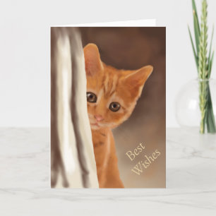 Fluffy Ginger Kitten Behind Curtain Kaart