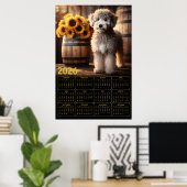 Fluffy Goldendoodle with Sunflowers – 2026 Rustic  Poster (Thuiskantoor)