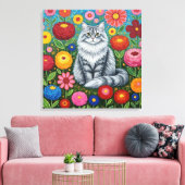 Fluffy Gray Striped Cat with Folk Art Flowers Canvas Afdruk (Insitu (Woonkamer))