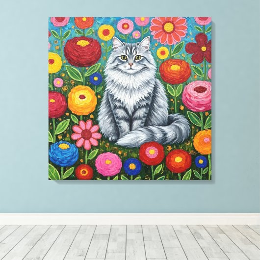 Fluffy Gray Striped Cat with Folk Art Flowers Canvas Afdruk (Insitu (Houten vloer))