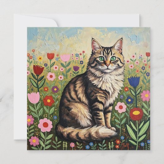 Fluffy Gray Tabby Cat and Folk Art Flowers (Voorkant)