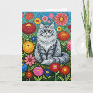 Fluffy Grey Gestreepte Kat met Folk Art Bloemen Kaart