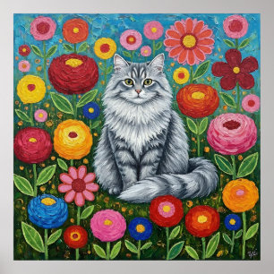 Fluffy Grijze Gestreepte Kat met Volkskunst Bloeme Poster