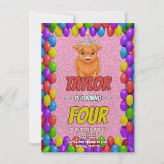 Fluffy Highland Cow Birthday Invite Kaart