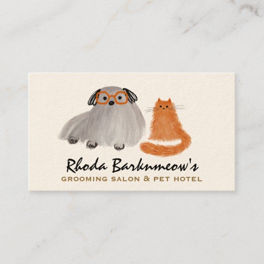 Fluffy Hond en Kat Whimsical Pet Sitter Groomer Visitekaartje (Voorkant)