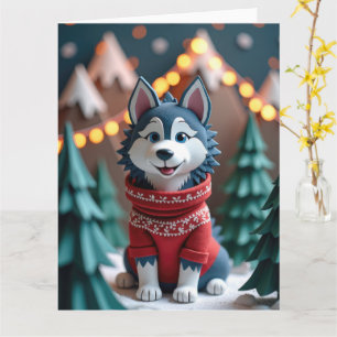 Fluffy Husky in Besneeuwde Kerstberg Scene Kaart