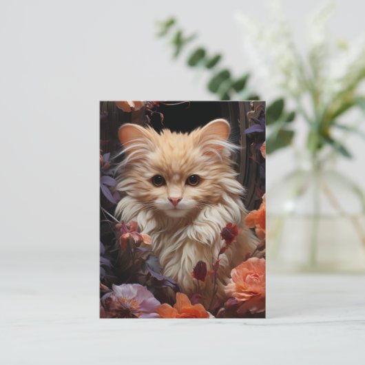 Fluffy Kat in de Bloemen Briefkaart (Staand voorkant)