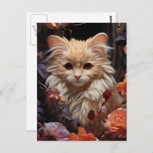 Fluffy Kat in de Bloemen Briefkaart (Voorkant / Achterkant)