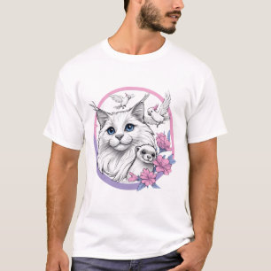 Fluffy kat met fret en kaketoes t-shirt