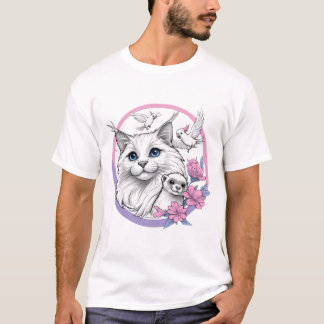 Fluffy kat met fret en kaketoes t-shirt