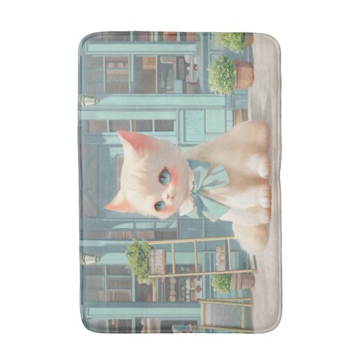 Fluffy kitten met blauwe boog bij banketbakkerij badmat (Voorkant Verticaal)