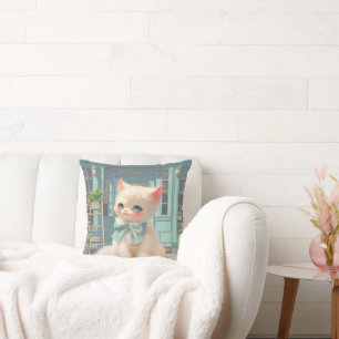 Fluffy kitten met blauwe boog bij banketbakkerij kussen