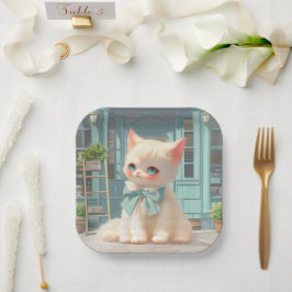 Fluffy kitten met blauwe boog bij banketbakkerij papieren bordje