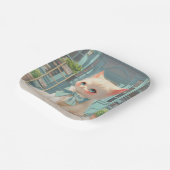 Fluffy kitten met blauwe boog bij banketbakkerij papieren bordje (Gebogen)