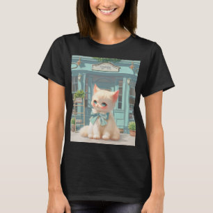 Fluffy kitten met blauwe boog bij banketbakkerij t-shirt