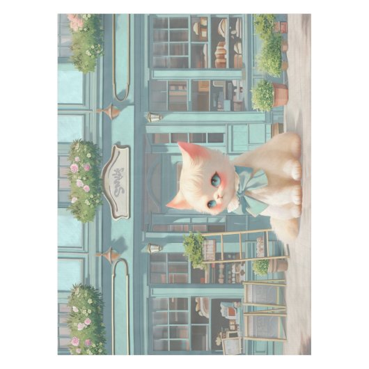 Fluffy kitten met blauwe boog bij banketbakkerij tafelkleed (Voorkant)