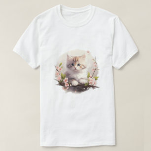 Fluffy Kitten met Roze Bloemen Watercolor T-Shirt