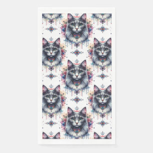 Fluffy Lang Haar Grijs en Wit Tuxedo Cat Servet