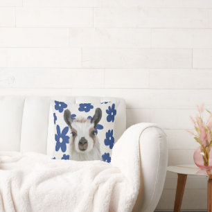 Fluffy Llama Blue Retro Flowers Kussen