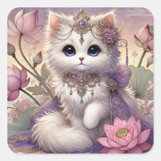 Fluffy Lotus Princess Cat Vierkante Sticker