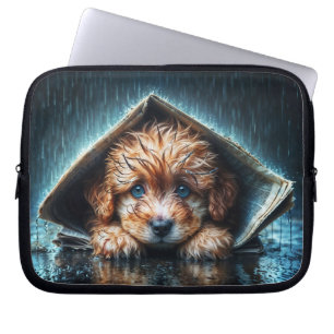 Fluffy natte puppy op zoek naar warmte en comfort laptop sleeve