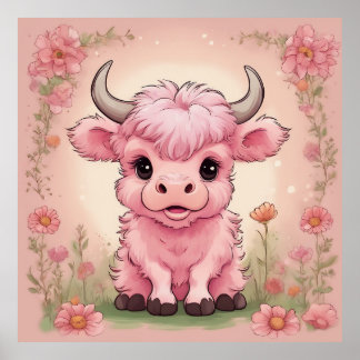 Fluffy Pink Highlands Schotse Koe Poster
