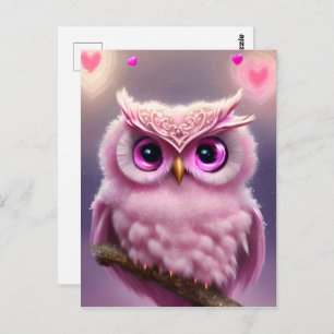 Fluffy Pink Uil met harten Briefkaart