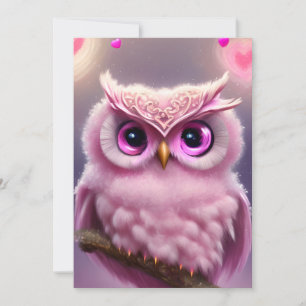 Fluffy Pink Uil met harten Feestdagenkaart