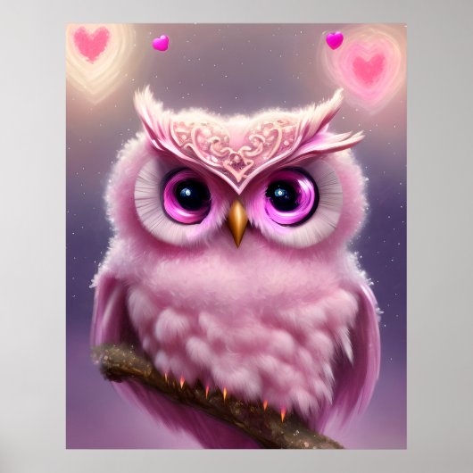 Fluffy Pink Uil met harten Poster (Voorkant)