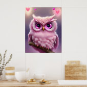 Fluffy Pink Uil met harten Poster (Keuken)