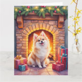 Fluffy Pomeranian Cozy Christmas Fireplace Dog Art Kaart (Gele Bloem)