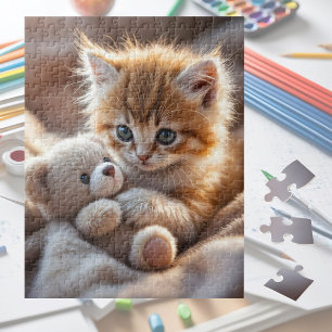 Fluffy rode katje speelt met een kleine teddybeer, legpuzzel